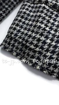 CHANEL 07S Black Gray Houndstooth Fringe Silk Linen Wool Tweed Jacket 34 36 シャネル ブラック グレー フリンジ ツイード ジャケット 千鳥格子 即発