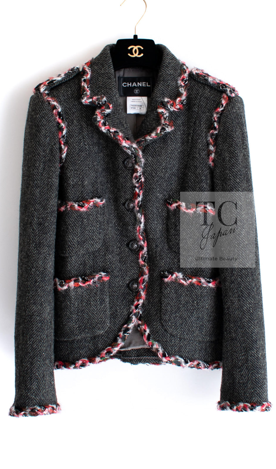 CHANEL 13PF Gray Black Trim Wool Tweed Jacket 38 40 シャネル グレー ブラック トリミング ウール ツイード ジャケット 即発