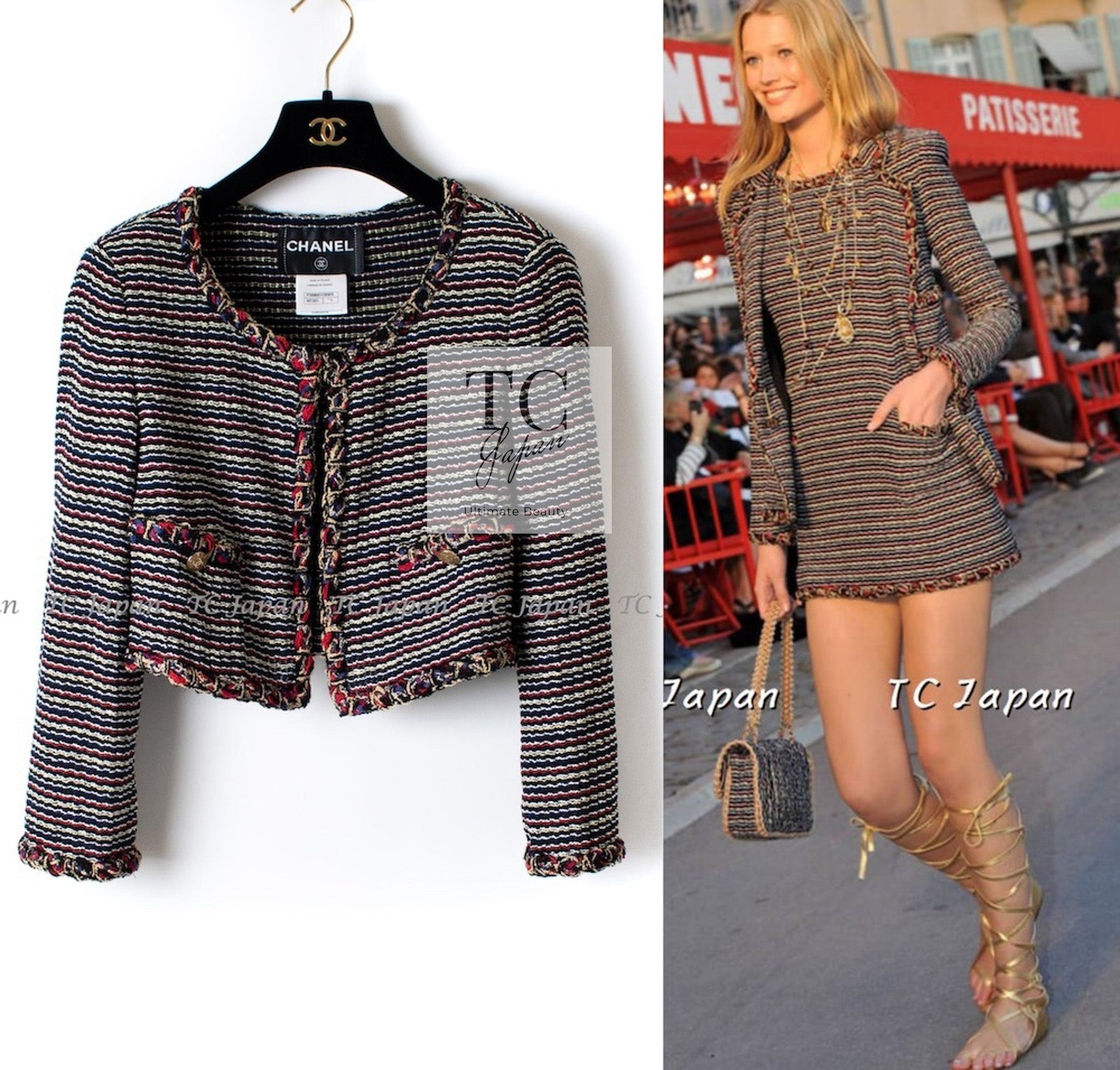 CHANEL 11C Black Border Multi Color Cropped Jacket 34 シャネル ブラック マルチカラー ストライプ ボーダー クロップド ジャケット 即発