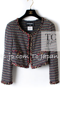 CHANEL 11C Black Border Multi Color Cropped Jacket 34 シャネル ブラック マルチカラー ストライプ ボーダー クロップド ジャケット 即発
