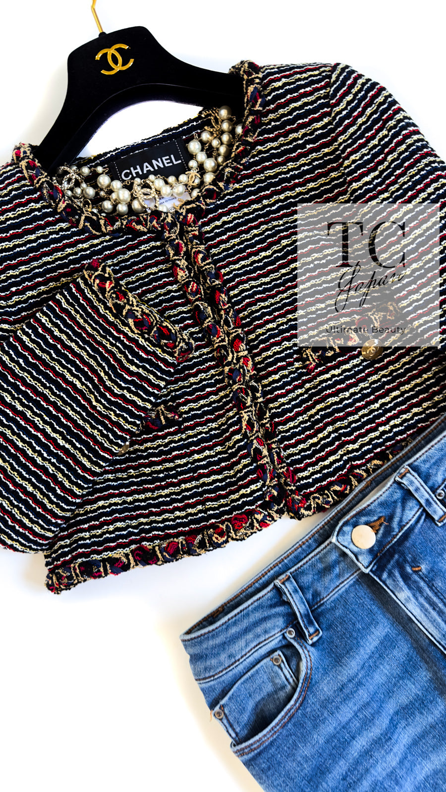 CHANEL 11C Black Border Multi Color Cropped Jacket 34 シャネル ブラック マルチカラー ストライプ ボーダー クロップド ジャケット 即発