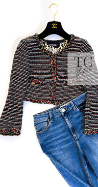 CHANEL 11C Black Border Multi Color Cropped Jacket 34 シャネル ブラック マルチカラー ストライプ ボーダー クロップド ジャケット 即発