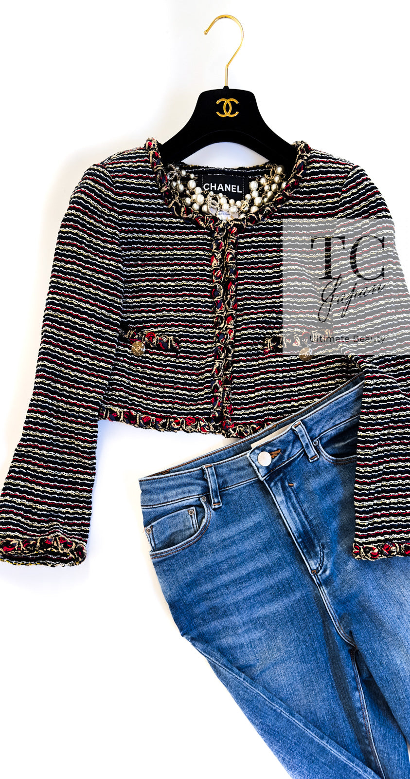 CHANEL 11C Black Border Multi Color Cropped Jacket 34 シャネル ブラック マルチカラー ストライプ ボーダー クロップド ジャケット 即発