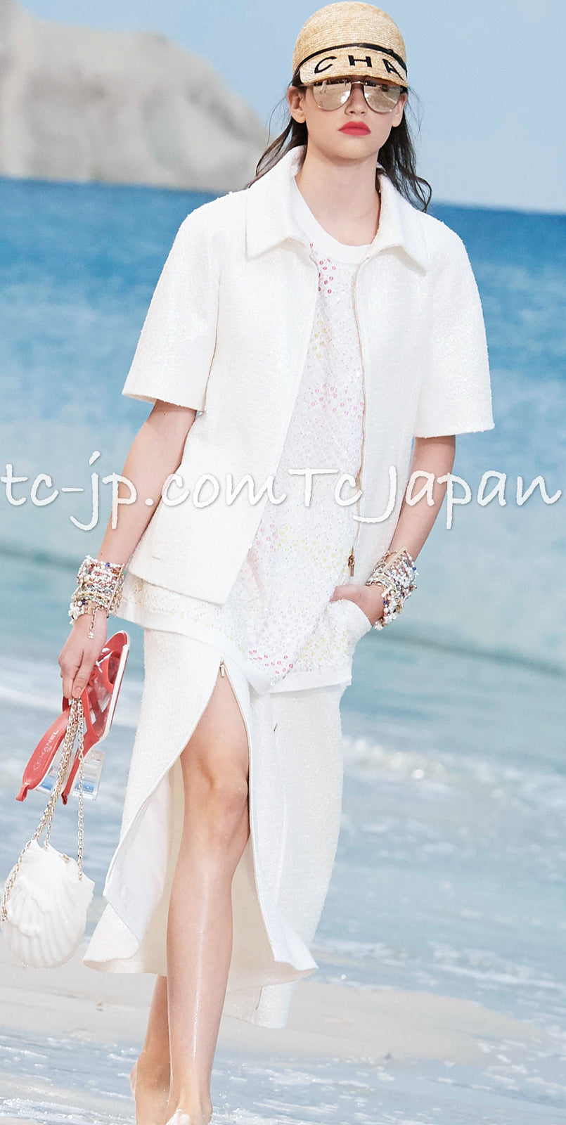 シャネル ホワイト ジッパー ツイード ジャケット CHANEL 19S White 