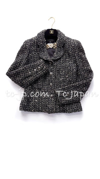 CHANEL 97A Vintage Black Gray Chevron Tweed Jacket Skirt Suit 36 38 40 シャネル ヴィンテージ ブラック グレー シェブロン ツイード ジャケット スカート スーツ 即発