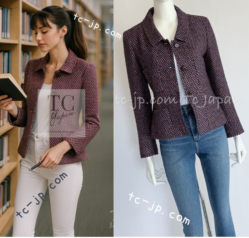 CHANEL 98A Vintage Purple Navy Wool Silk Tweed Jacket 38 シャネル ヴィンテージ パープル ネイビー ウール シルク ツイード ジャケット 即発