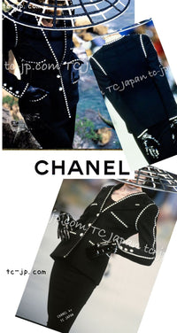 CHANEL 92S Vintage Navy Ivory Trim Camellia Buttons Jacket Skirt Suit 38 シャネル ヴィンテージ ネイビー アイボリー トリム カメリアボタン ジャケット スカート スーツ 即発
