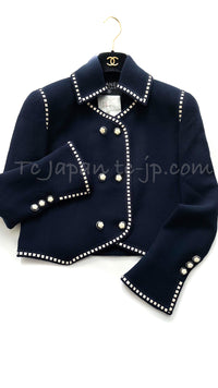 CHANEL 92S Vintage Navy Ivory Trim Camellia Buttons Jacket Skirt Suit 38 シャネル ヴィンテージ ネイビー アイボリー トリム カメリアボタン ジャケット スカート スーツ 即発
