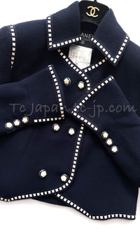 CHANEL 92S Vintage Navy Ivory Trim Camellia Buttons Jacket Skirt Suit 38 シャネル ヴィンテージ ネイビー アイボリー トリム カメリアボタン ジャケット スカート スーツ 即発