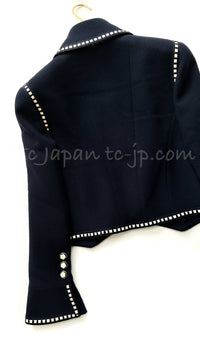 CHANEL 92S Vintage Navy Ivory Trim Camellia Buttons Jacket Skirt Suit 38 シャネル ヴィンテージ ネイビー アイボリー トリム カメリアボタン ジャケット スカート スーツ 即発