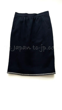 CHANEL 92S Vintage Navy Ivory Trim Camellia Buttons Jacket Skirt Suit 38 シャネル ヴィンテージ ネイビー アイボリー トリム カメリアボタン ジャケット スカート スーツ 即発