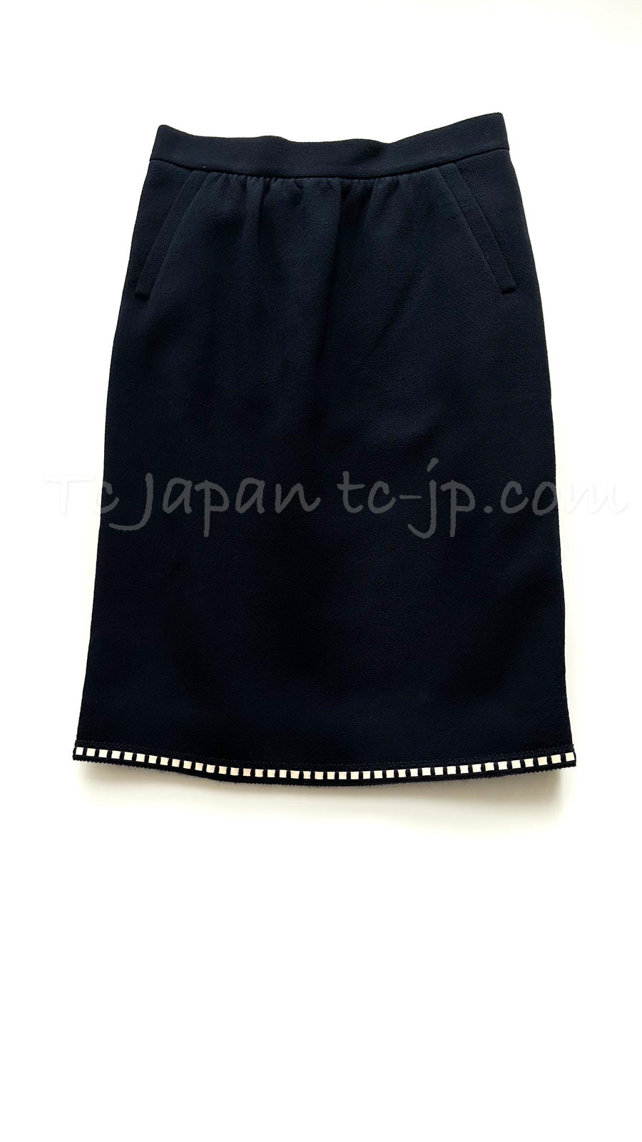 CHANEL 92S Vintage Navy Ivory Trim Camellia Buttons Jacket Skirt Suit 38 シャネル ヴィンテージ ネイビー アイボリー トリム カメリアボタン ジャケット スカート スーツ 即発