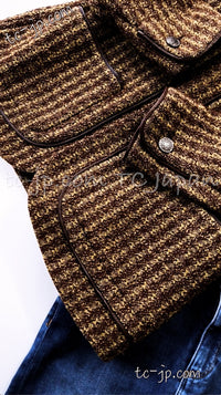 CHANEL 97A Vintage Olive Brown Wool Leather Trim Tweed Jacket 40 42 シャネル オリーブ ブラウン ウール レザー トリム ツイード ジャケット 即発