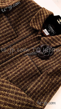 CHANEL 97A Vintage Olive Brown Wool Leather Trim Tweed Jacket 40 42 シャネル オリーブ ブラウン ウール レザー トリム ツイード ジャケット 即発