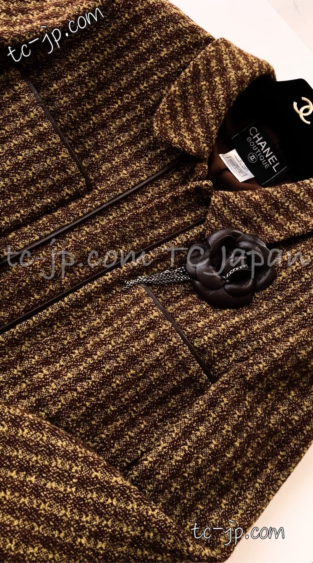 CHANEL 97A Vintage Olive Brown Wool Leather Trim Tweed Jacket 40 42 シャネル オリーブ ブラウン ウール レザー トリム ツイード ジャケット 即発