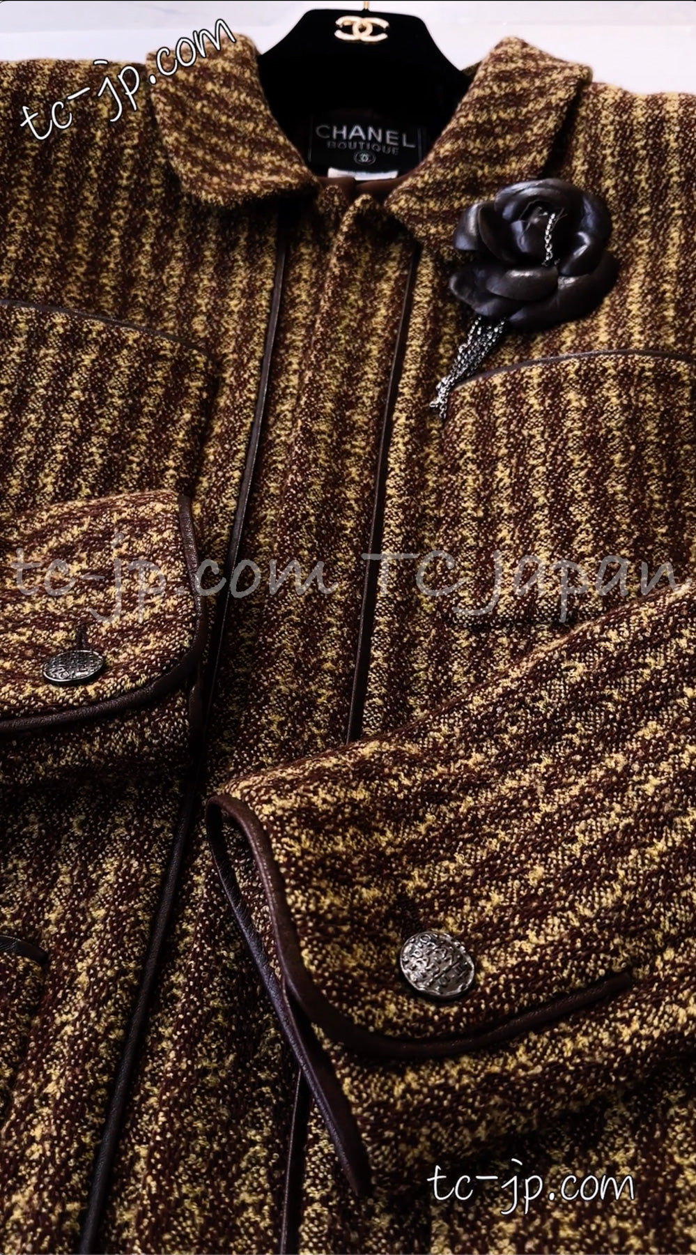 CHANEL 97A Vintage Olive Brown Wool Leather Trim Tweed Jacket 40 42 シャネル オリーブ ブラウン ウール レザー トリム ツイード ジャケット 即発