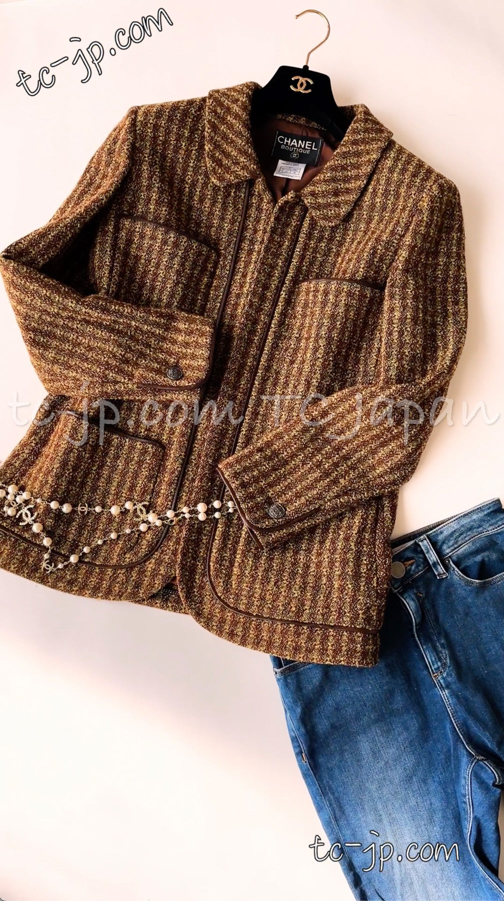 CHANEL 97A Vintage Olive Brown Wool Leather Trim Tweed Jacket 40 42 シャネル オリーブ ブラウン ウール レザー トリム ツイード ジャケット 即発