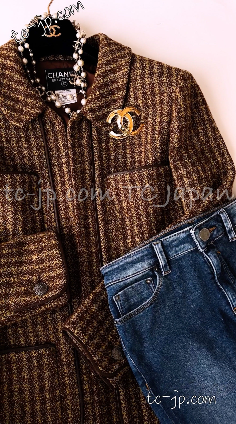 CHANEL 97A Vintage Olive Brown Wool Leather Trim Tweed Jacket 40 42 シャネル オリーブ ブラウン ウール レザー トリム ツイード ジャケット 即発