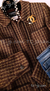 CHANEL 97A Vintage Olive Brown Wool Leather Trim Tweed Jacket 40 42 シャネル オリーブ ブラウン ウール レザー トリム ツイード ジャケット 即発