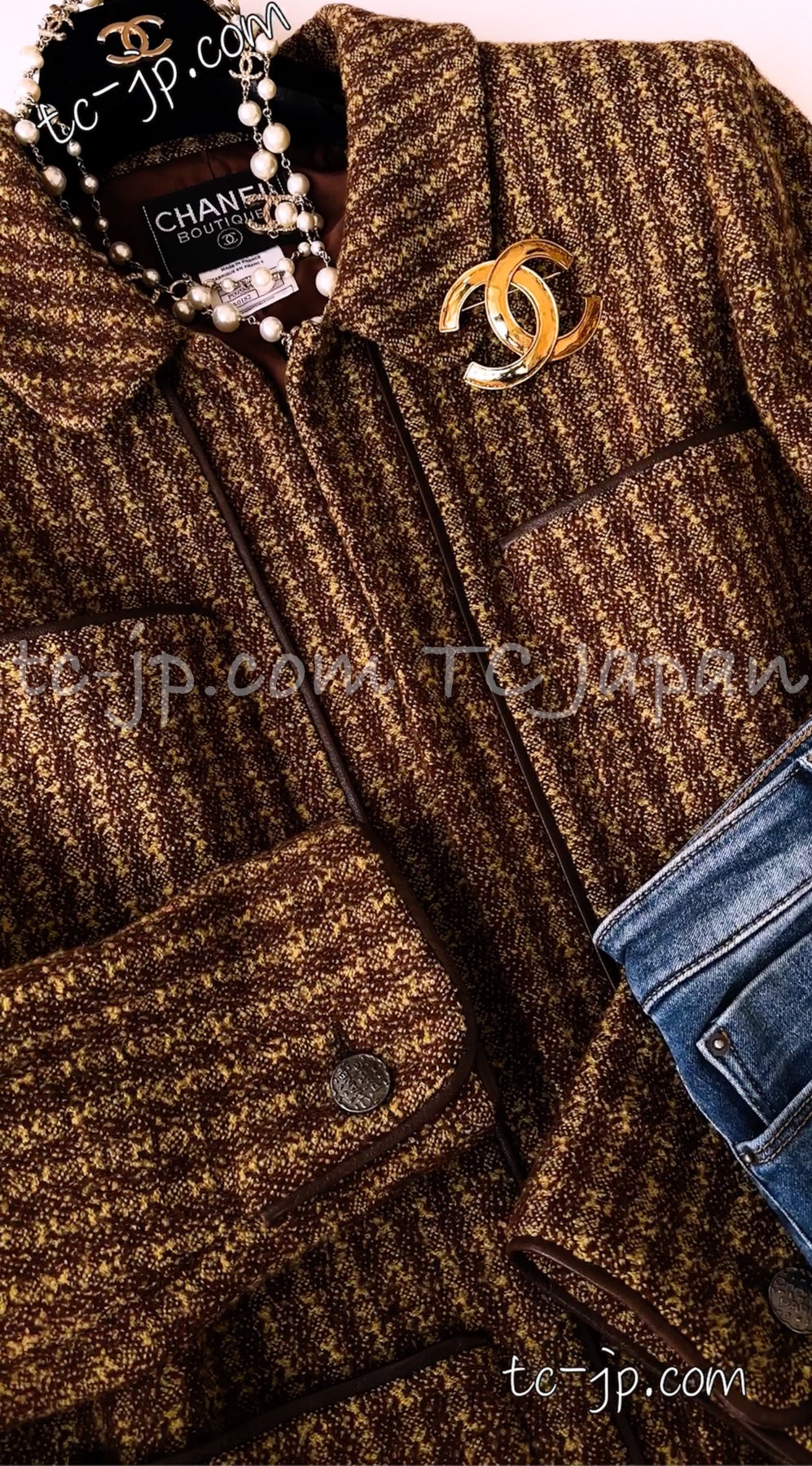 CHANEL 97A Vintage Olive Brown Wool Leather Trim Tweed Jacket 40 42 シャネル オリーブ ブラウン ウール レザー トリム ツイード ジャケット 即発