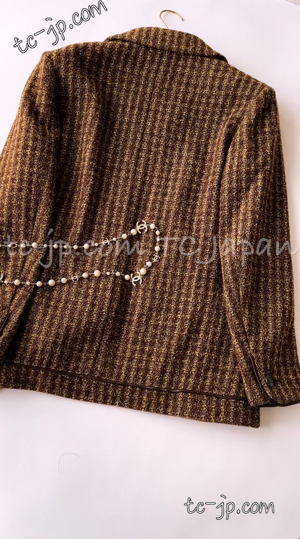 CHANEL 97A Vintage Olive Brown Wool Leather Trim Tweed Jacket 40 42 シャネル オリーブ ブラウン ウール レザー トリム ツイード ジャケット 即発