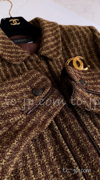 CHANEL 97A Vintage Olive Brown Wool Leather Trim Tweed Jacket 40 42 シャネル オリーブ ブラウン ウール レザー トリム ツイード ジャケット 即発