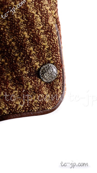 CHANEL 97A Vintage Olive Brown Wool Leather Trim Tweed Jacket 40 42 シャネル オリーブ ブラウン ウール レザー トリム ツイード ジャケット 即発