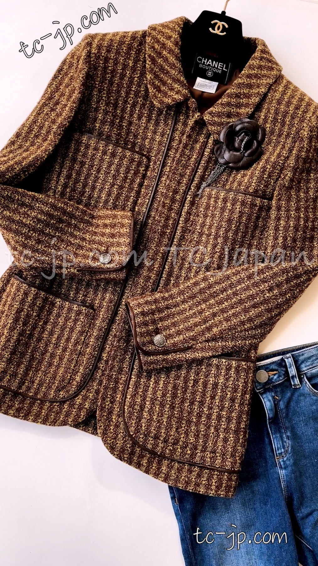 CHANEL 97A Vintage Olive Brown Wool Leather Trim Tweed Jacket 40 42 シャネル オリーブ ブラウン ウール レザー トリム ツイード ジャケット 即発