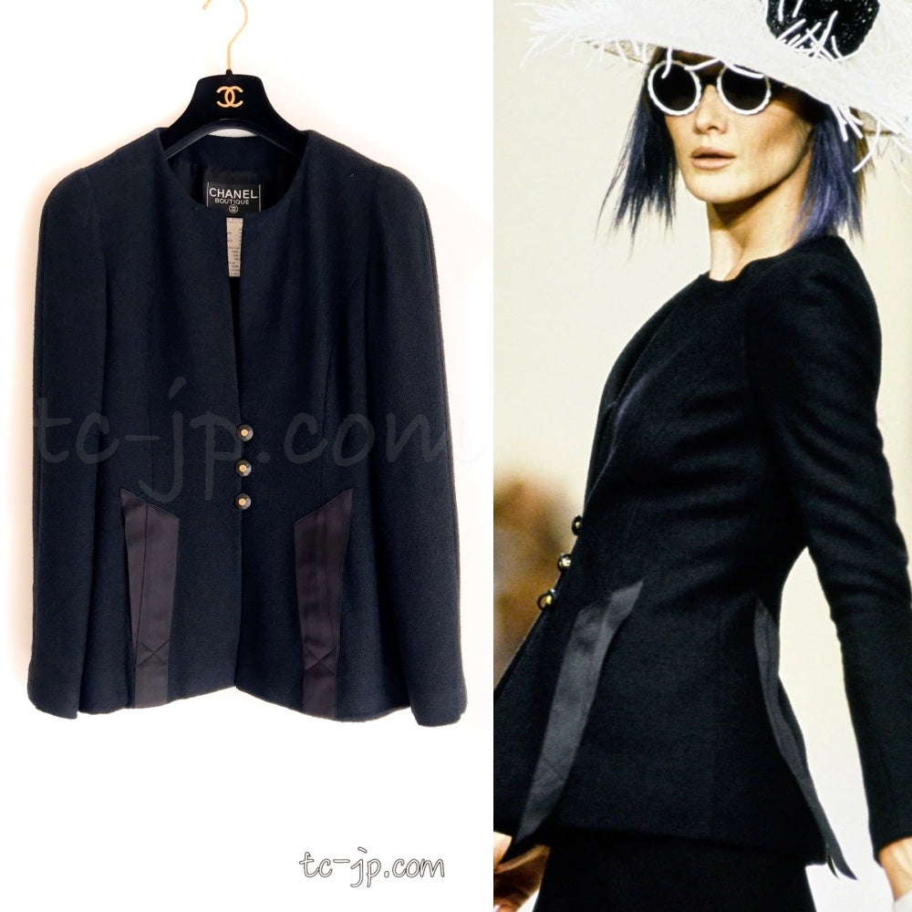 CHANEL 94S Vintage Navy Black Wool Cotton Supermodel Jacket 38 シャネル ヴィンテージ ネイビー ブラック ウール コットン スーパーモデル ジャケット 即発