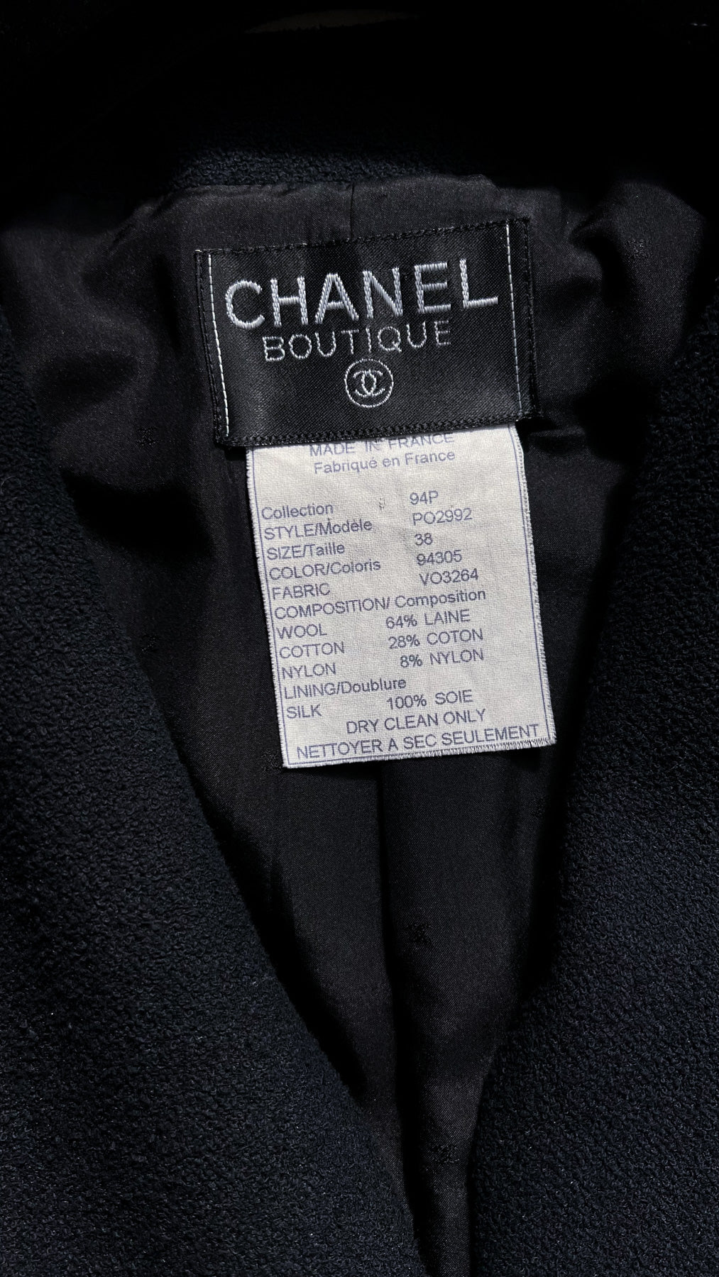 CHANEL 94S Vintage Navy Black Wool Cotton Supermodel Jacket 38 シャネル ヴィンテージ ネイビー ブラック ウール コットン スーパーモデル ジャケット 即発