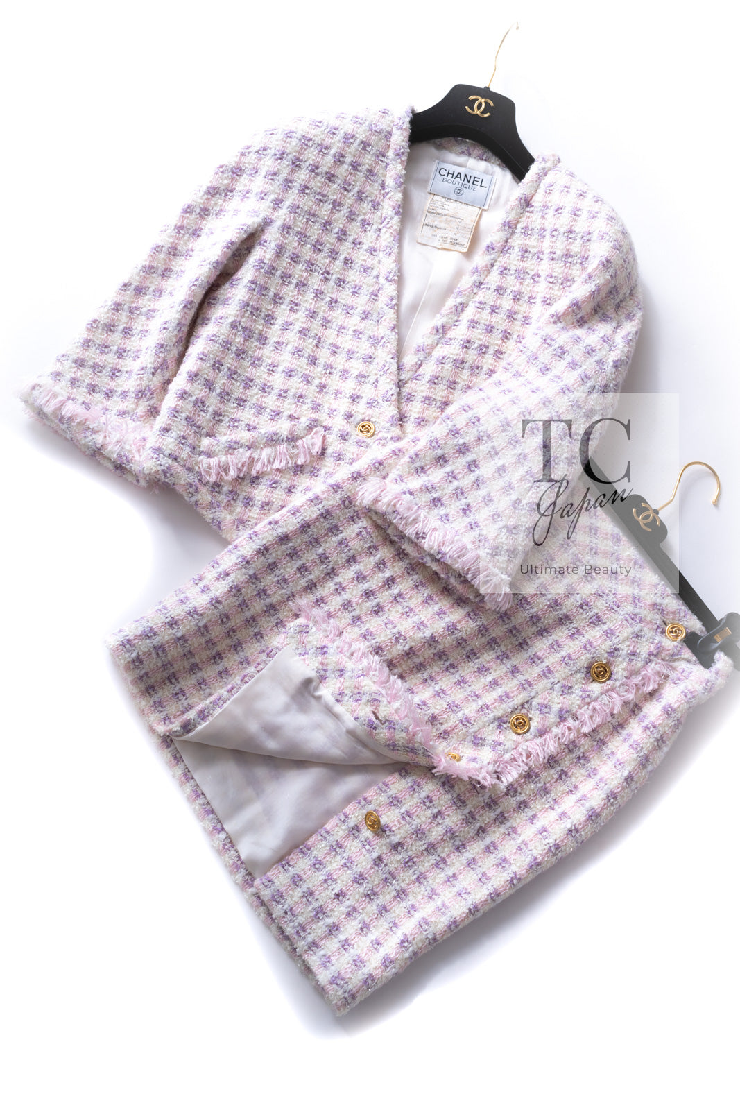 CHANEL 92S Vintage Pink Purple Ivory Claudia Tweed Jacket Skirt Suit 38 40 シャネル ヴィンテージ ピンク パープル アイボリー ツイード ジャケット スカート スーツ スーパーモデル着 即発