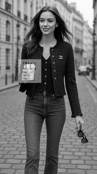 CHANEL 05PF Black Gary Fringe Trim Tweed Jacket 38 40 シャネル ブラック グレー フリンジトリム ツイード ジャケット 即発
