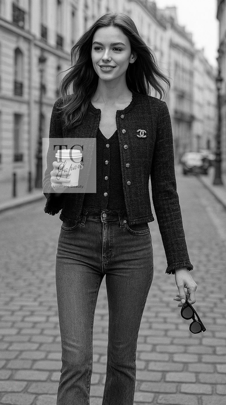 CHANEL 05PF Black Gary Fringe Trim Tweed Jacket 38 40 シャネル ブラック グレー フリンジトリム ツイード ジャケット 即発