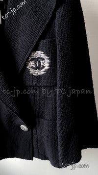 CHANEL 12S Black CC Silver Logo Cotton Tweed Jacket 34 36 38 シャネル ブラック CCロゴ シルバー刺繍 コットン ツイード ジャケット 即発