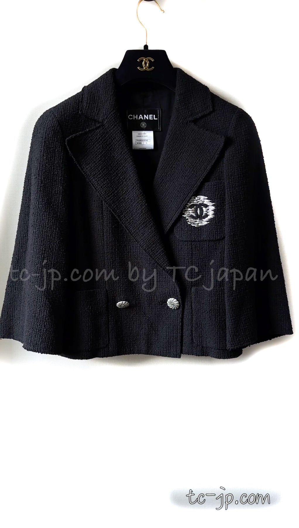 CHANEL 12S Black CC Silver Logo Cotton Tweed Jacket 34 36 38 シャネル ブラック CCロゴ シルバー刺繍 コットン ツイード ジャケット 即発