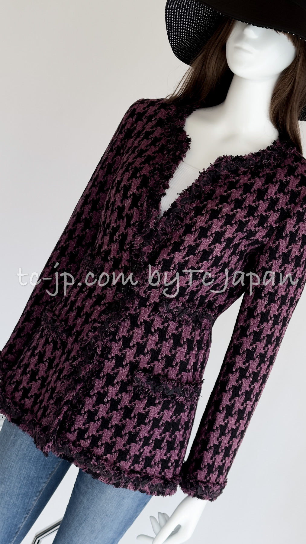 CHANEL 09S Purple Black Houndstooth Silk Tweed Jacket 38 シャネル パープル ブラック 千鳥柄 シルク ツイード ジャケット 即発