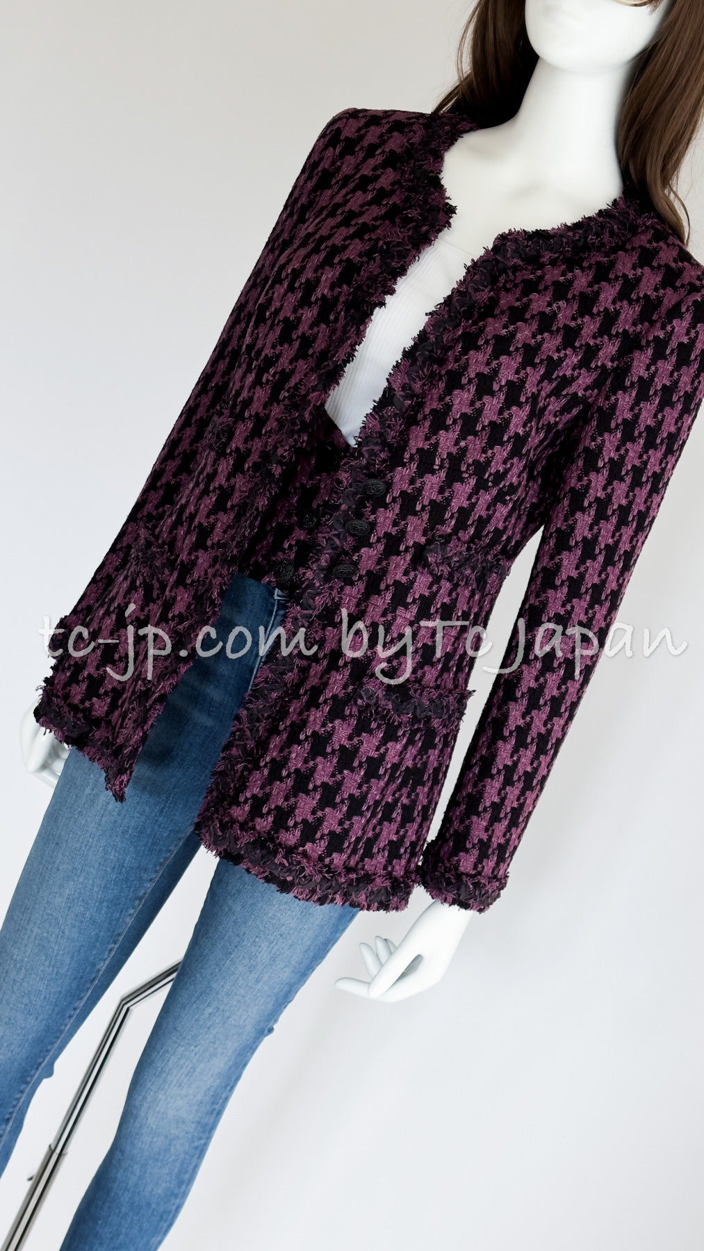 CHANEL 09S Purple Black Houndstooth Silk Tweed Jacket 38 シャネル パープル ブラック 千鳥柄 シルク ツイード ジャケット 即発