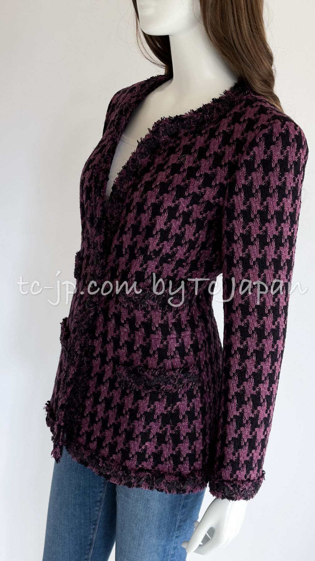 CHANEL 09S Purple Black Houndstooth Silk Tweed Jacket 38 シャネル パープル ブラック 千鳥柄 シルク ツイード ジャケット 即発