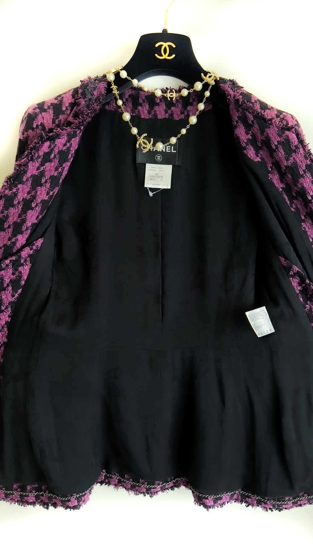 CHANEL 09S Purple Black Houndstooth Silk Tweed Jacket 38 シャネル パープル ブラック 千鳥柄 シルク ツイード ジャケット 即発