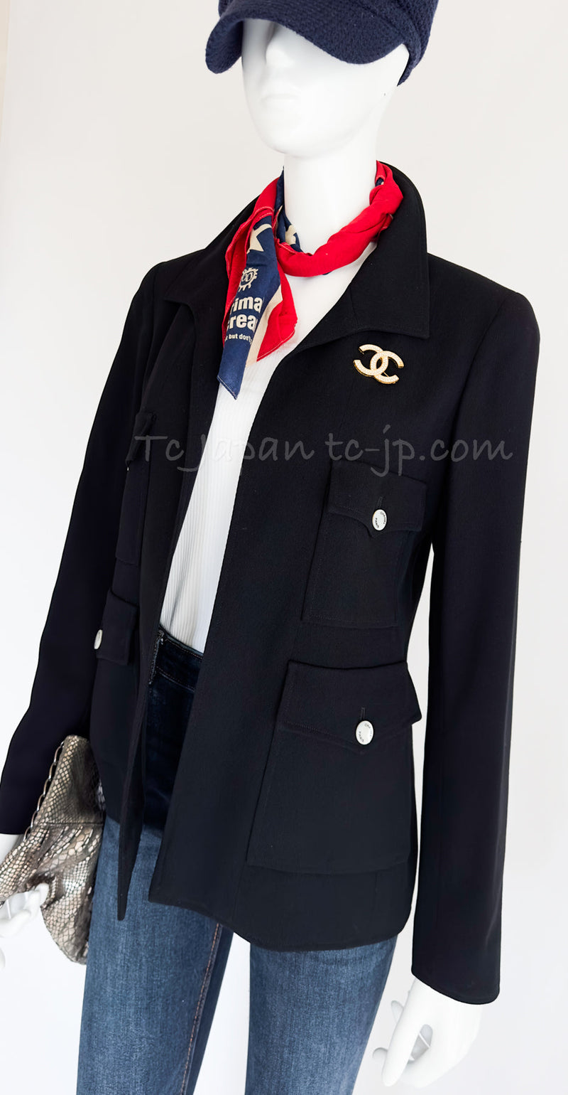 CHANEL 97S Vintage Black Wool 100% Minimalistic Mother of Pearl Button Jacket 38 シャネル ヴィンテージ ブラック ウール100% ミニマリスト マザー オブ パール ボタン ジャケット 即発