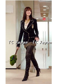 CHANEL 05C Black Silver Trim CC Logo Emblem Lesage Blazer Jacket 38 シャネル ブラック シルバー トリム CC ロゴ エンブレム ルサージュ ブレザー ジャケット 即発