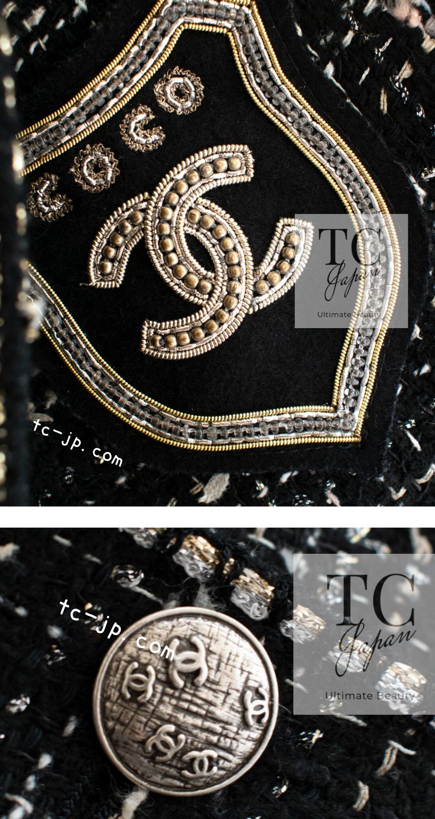 CHANEL 05C Black Silver Trim CC Logo Emblem Lesage Blazer Jacket 38 シャネル ブラック シルバー トリム CC ロゴ エンブレム ルサージュ ブレザー ジャケット 即発