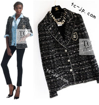 CHANEL 05C Black Silver Trim CC Logo Emblem Lesage Blazer Jacket 38 シャネル ブラック シルバー トリム CC ロゴ エンブレム ルサージュ ブレザー ジャケット 即発