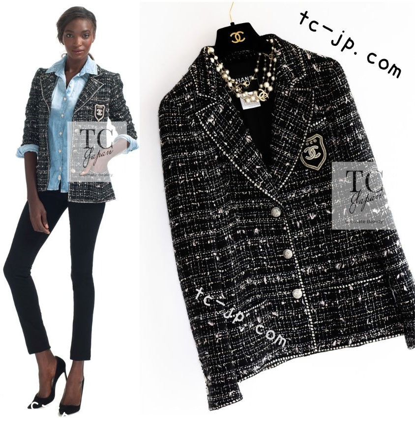 CHANEL 05C Black Silver Trim CC Logo Emblem Lesage Blazer Jacket 38 シャネル ブラック シルバー トリム CC ロゴ エンブレム ルサージュ ブレザー ジャケット 即発