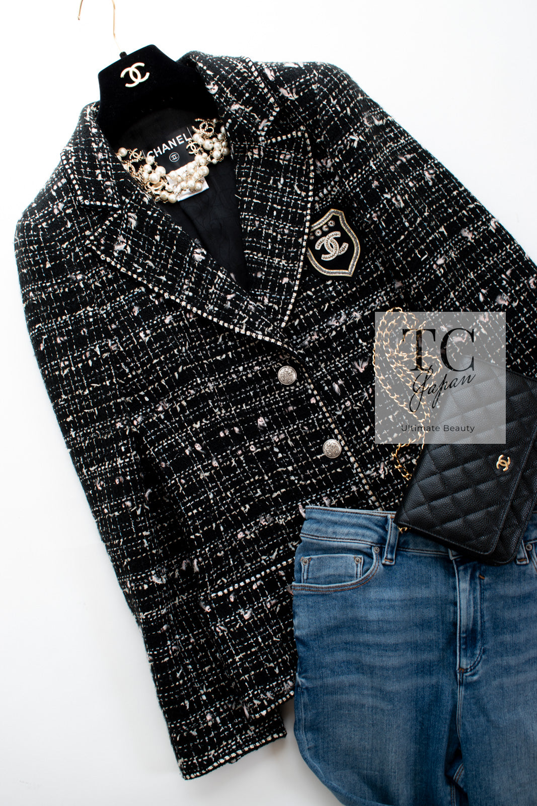 CHANEL 05C Black Silver Trim CC Logo Emblem Lesage Blazer Jacket 38 シャネル ブラック シルバー トリム CC ロゴ エンブレム ルサージュ ブレザー ジャケット 即発