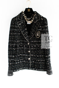 CHANEL 05C Black Silver Trim CC Logo Emblem Lesage Blazer Jacket 38 シャネル ブラック シルバー トリム CC ロゴ エンブレム ルサージュ ブレザー ジャケット 即発