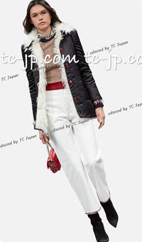 CHANEL 17B Black Silk Ivory Fantasy Fur Jacket Coat 48 シャネル ブラック シルク アイボリー ファー ジャケット コート 即発