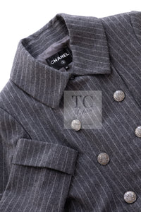 CHANEL 18PF Charcoal Gray Striped Wool Coat 40 シャネル チャコール グレー ストライプ ウール コート 即発