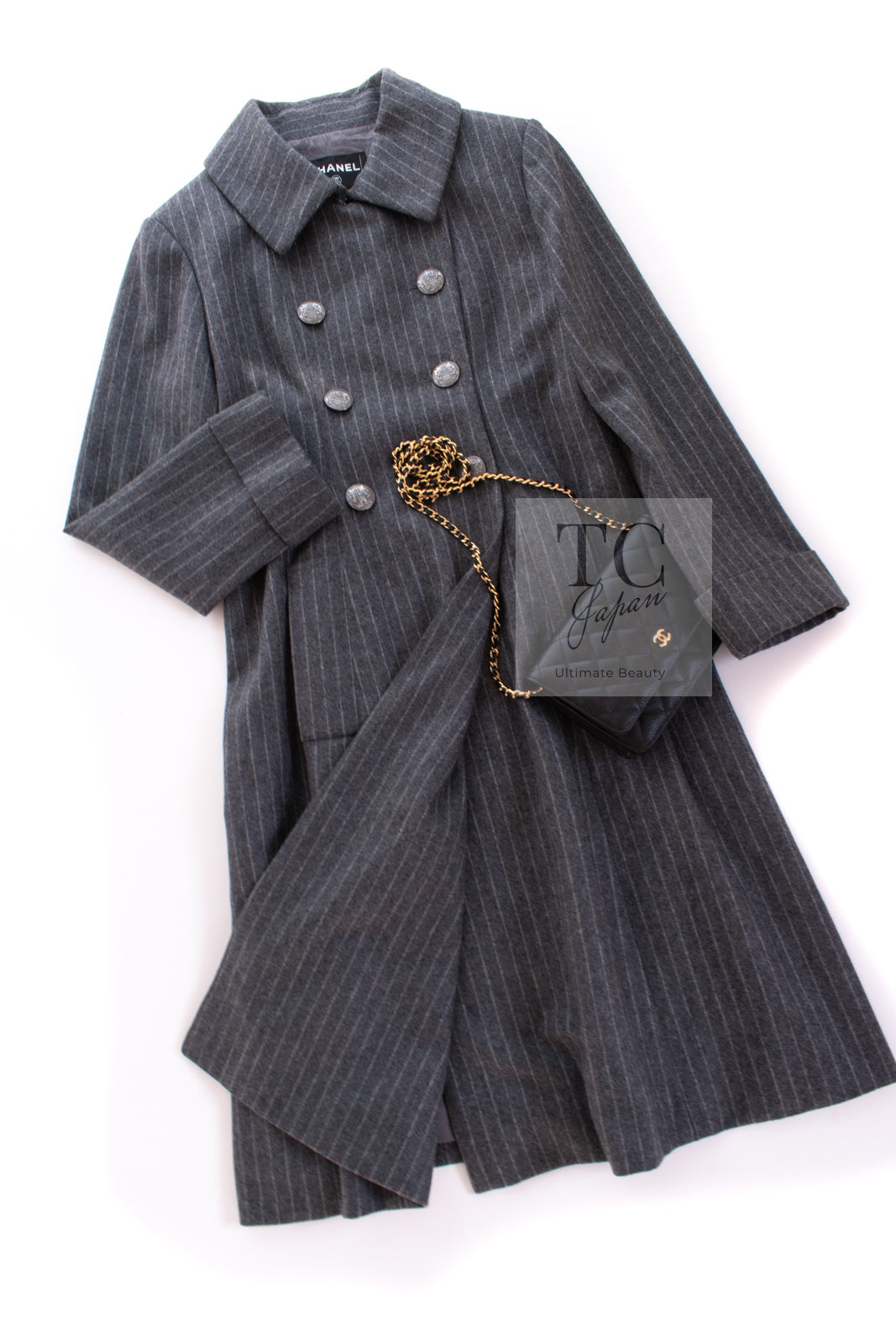 CHANEL 18PF Charcoal Gray Striped Wool Coat 40 シャネル チャコール グレー ストライプ ウール コート 即発