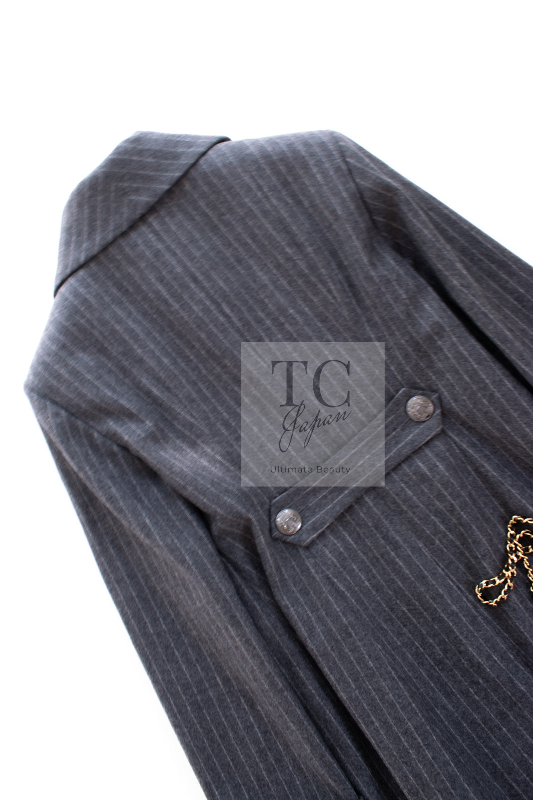 CHANEL 18PF Charcoal Gray Striped Wool Coat 40 シャネル チャコール グレー ストライプ ウール コート 即発